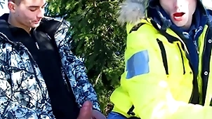 Three cheerful twinks fucking out of doors