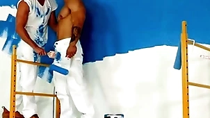 Coddled - hunky painters surrounding a bareback leman break weighing down on
